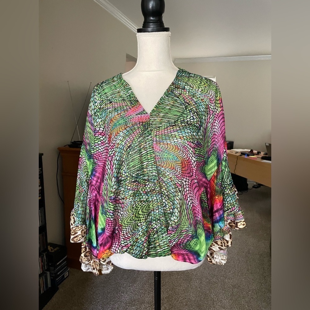 Jeff Gallano Paris Mixed Print Colorful Blouse Size 1  S/M V Neck Long Sleeve